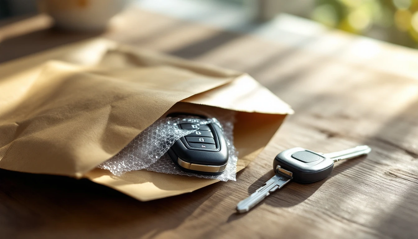 Key fob aftermarket recien sacado de su empaque de envio junto a una llave original de carro en el DFW