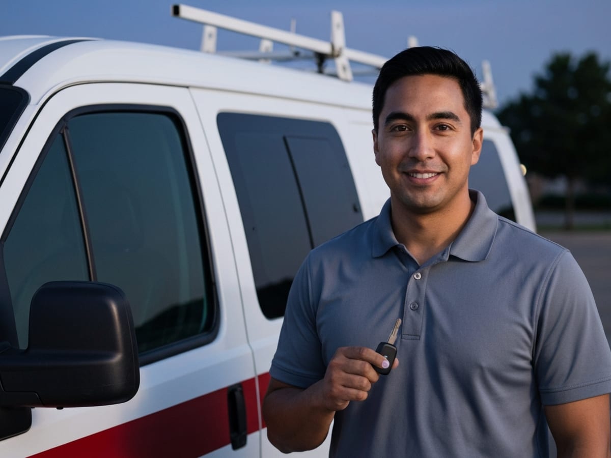 Técnico cerrajero bilingüe del Metroplex DFW junto a unidad móvil